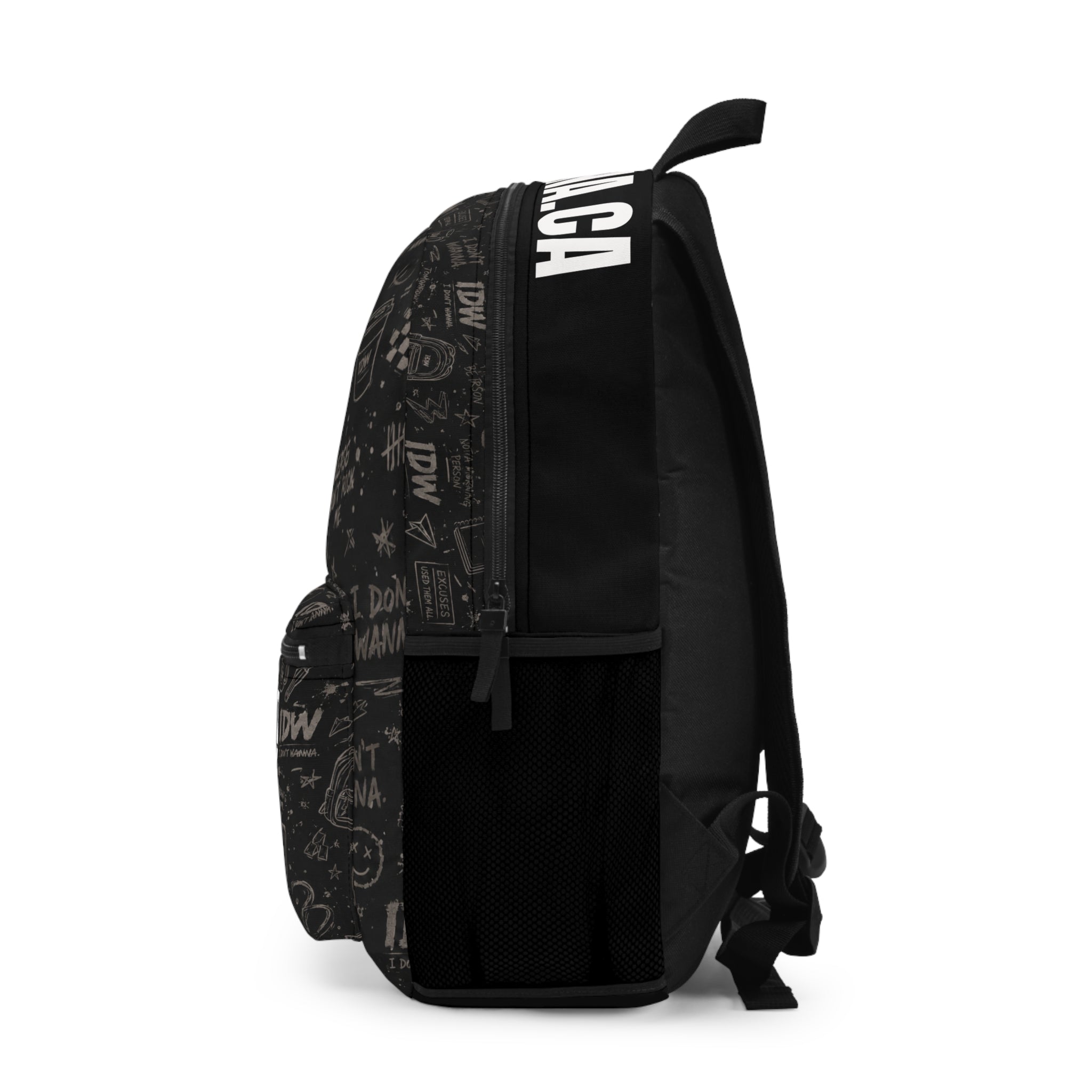 IDW "I Don't Wanna" Graphic Backpack — Black Doodle Pattern School & Travel Bag