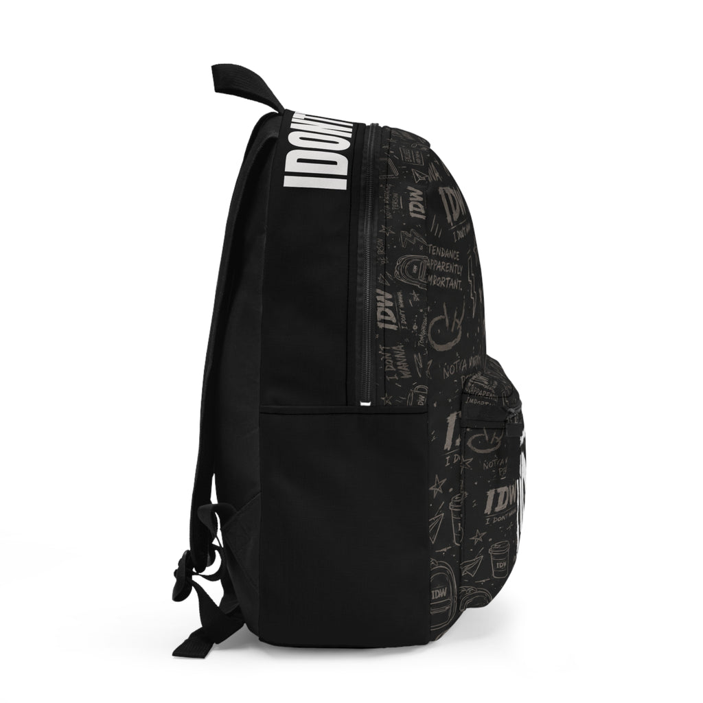 IDW "I Don't Wanna" Graphic Backpack — Black Doodle Pattern School & Travel Bag