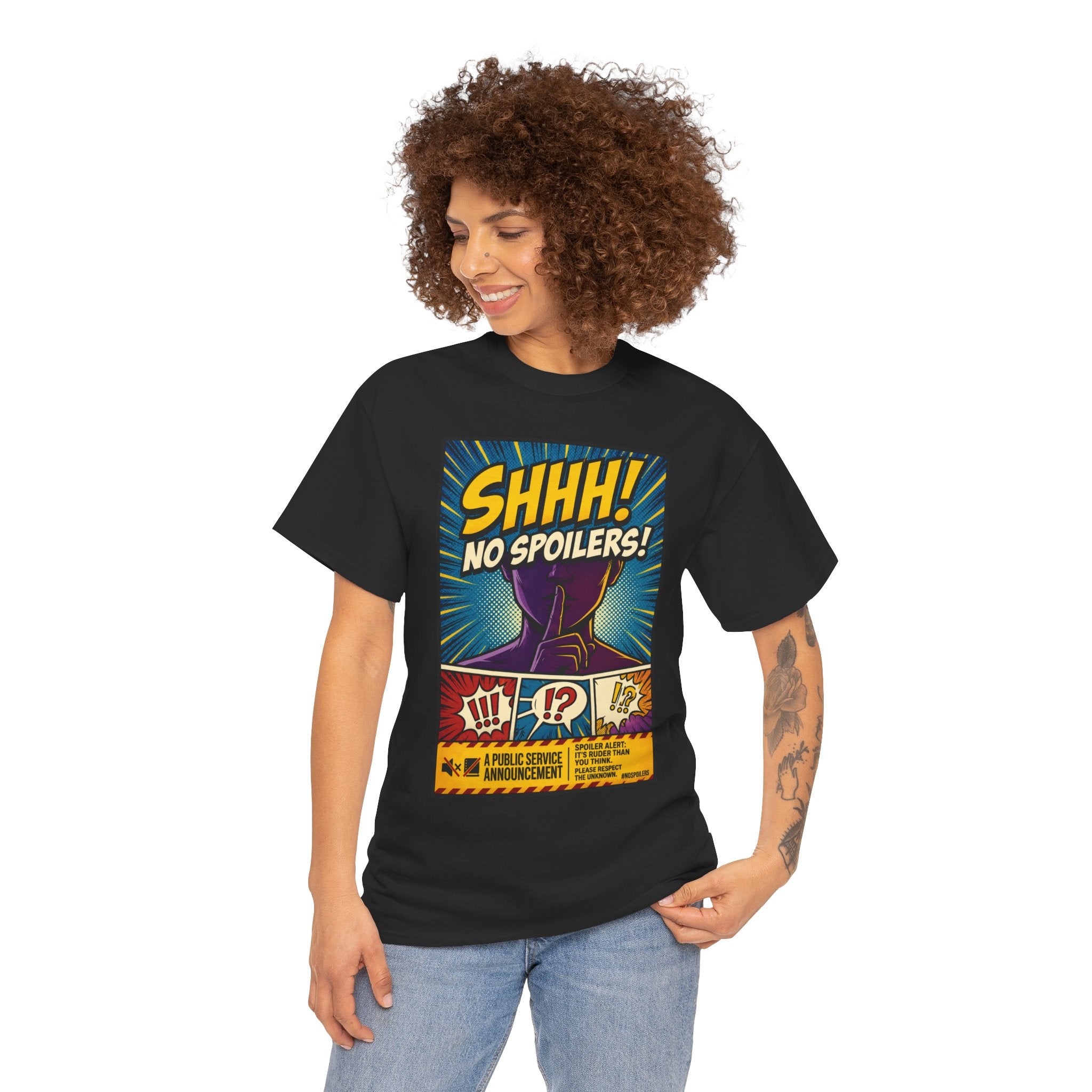 No Spoilers Graphic Tee — "SHHH! No Spoilers!" Comic-Style T-Shirt