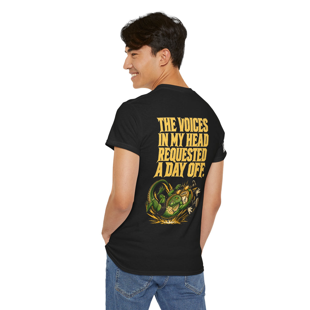 Apex Procrastinator Iguana T-Shirt — "I AM THE APEX PROCRASTINATOR" (Back: "THE VOICES IN MY HEAD REQUESTED A DAY OFF")